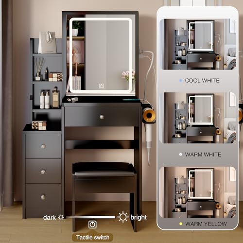 Modern Makeup Vanity Desk with Sliding Mirror and Lights