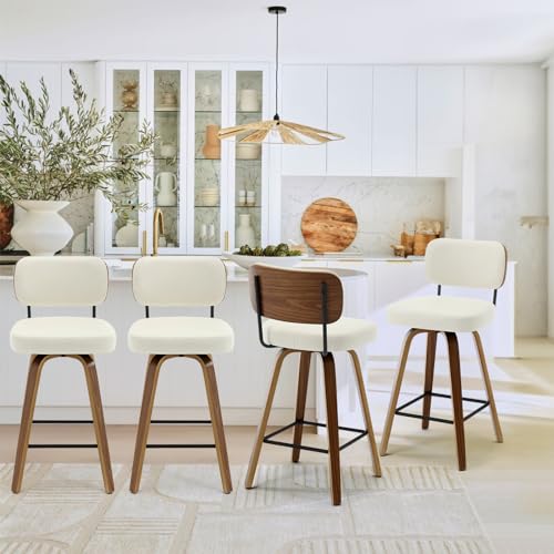 4 Swivel Barstools for Kitchen Counter, Faux Leather, Cream White