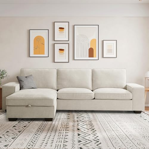 Multi-Functional L Shaped Sofa with USB Charging Ports, Storage Space, Beige Fabric - for ASHOMELI 99 audience