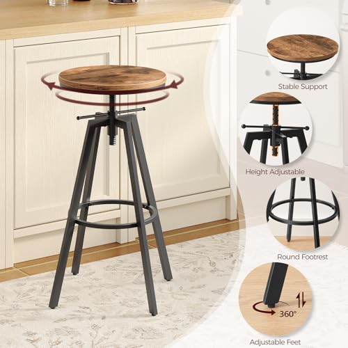 2 Pack Industrial Round Bar Stools with Metal Frame - Adjustable Height