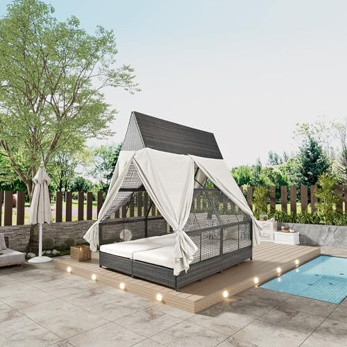 Double Sunbed Daybed with Adjustable Backrest and Seat for Outdoor Use, Beige Color