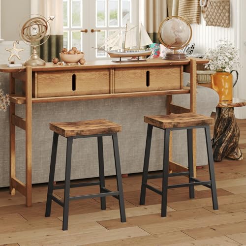 Set of 2 Industrial Style Bar Stools with Footrest, Counter Height, for Kitchen, Dining Room, Bar - Rustic Brown/Black