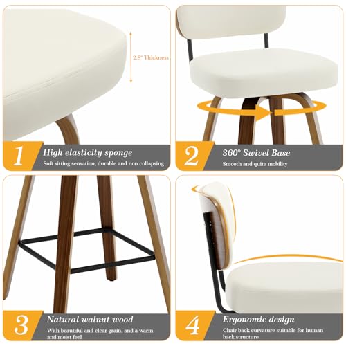Set of 4 Swivel Barstools for Kitchen Counter, 26 Upholstered Faux Leather with Back and Bent Wood Legs - Cream White