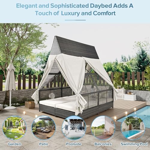 Double Sunbed Daybed with Adjustable Backrest and Seat for Outdoor Use, Beige Color
