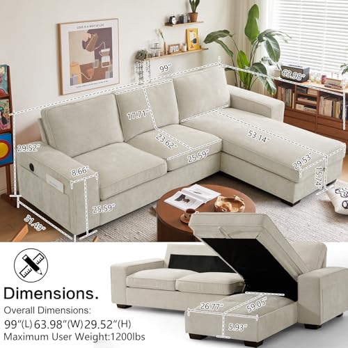 Multi-Functional L Shaped Sofa with USB Charging Ports, Storage Space, Beige Fabric - for ASHOMELI 99 audience