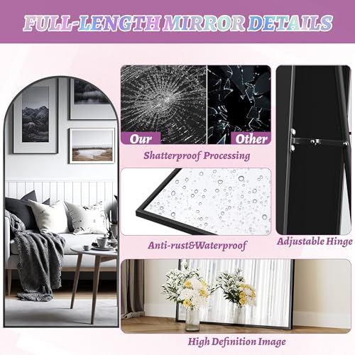 Floor Standing Full Length Arched Mirror, 71x28 inches, Black