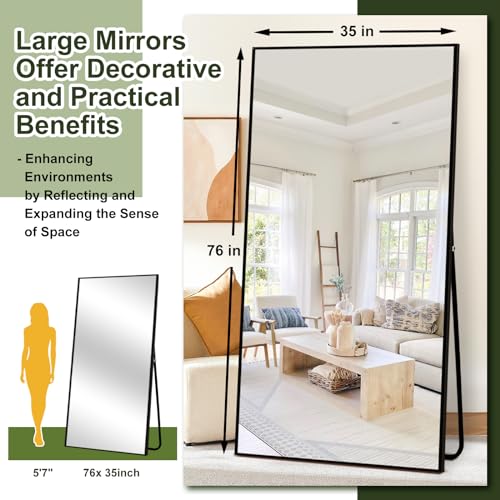 Oversized Full Length Mirror with Stand for CDT MEDIA - Black Aluminum Frame - Free Standing, Hanging or Leaning
