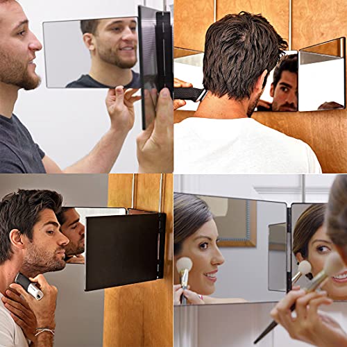 3 Way Hair Cutting Mirror with Adjustable Height Hooks and 5X Magnification, for Makeup and Hair Styling.