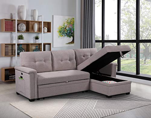 Pink Storage Chaise Sectional Sofa Bed with USB Ports