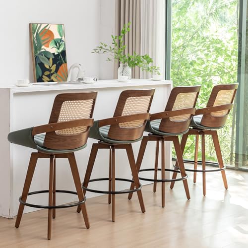 Modern Swivel Rattan Bar Stools with Upholstered Seat - Set of 2 (Walnut Green)