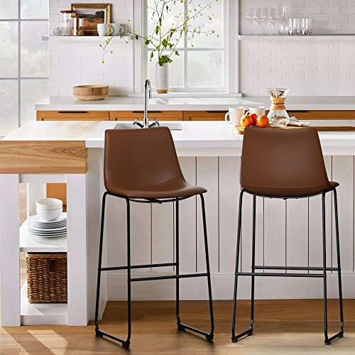 Walnut Retro Bar Stools with Crazy-Horse Leather & Metal Legs