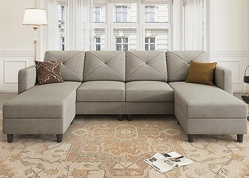 U Shaped Sectional Sofa with Double Chaises and Ottomans for Living Room - Velvet Light Grey