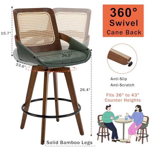 Modern Swivel Rattan Bar Stools with Upholstered Seat - Set of 2 (Walnut Green)