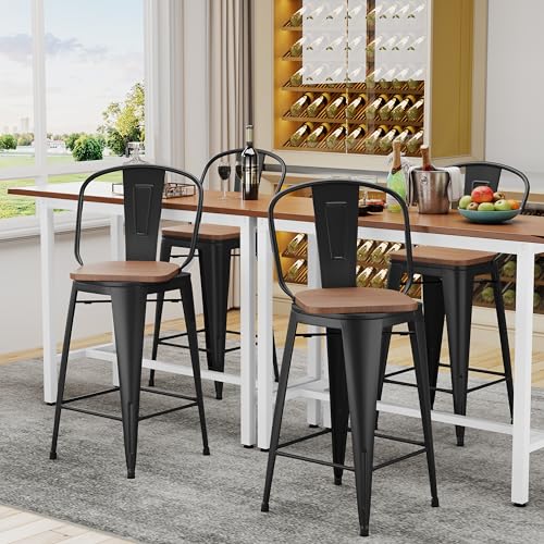 Set of 4 Swivel Metal Bar Stools with High Back and Large Wooden Seat
