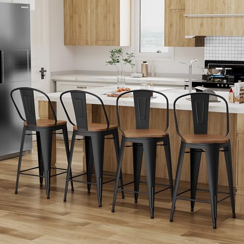 Set of 4 Swivel Metal Bar Stools with High Back and Large Wooden Seat
