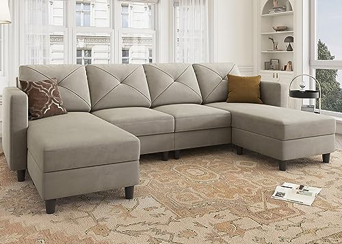 U Shaped Sectional Sofa with Double Chaises and Ottomans for Living Room - Velvet Light Grey