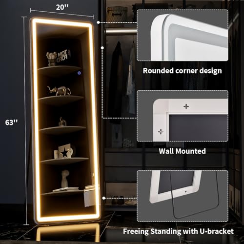 White Full-Length LED Mirror with Stand for Living Room and Cloakroom (63x20)