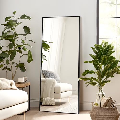 Full Length Mirror with Stand, 56x19 Aluminum Frame Floor Mirror, Black - for Bedroom and Living Room