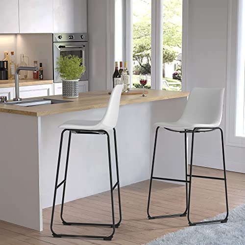 White Leather Retro Bar Stools with Metal Legs - Set of 2