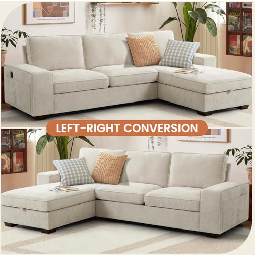 Beige L-Shaped Sofa with USB Ports & Storage - ASHOMELI
