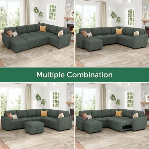 Modular Sectional Sleeper Sofa with Pull Out Bed for Living Room, Green