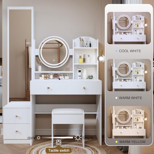 Makeup Vanity Set with Mirror and Storage for Teenagers in White