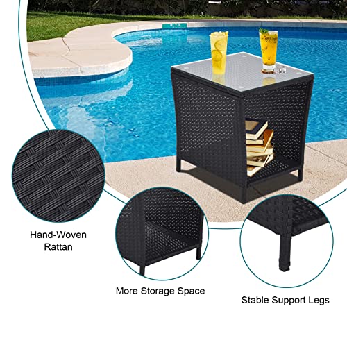Outdoor Side Coffee Table with Storage Shelf, Rattan and Steel Frame, Patio Furniture Square, Bistro Table for Garden, Porch, and Pool Area (Black)