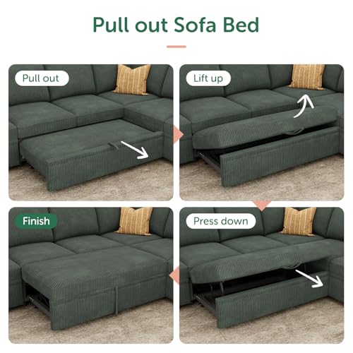 Green Modular Sectional Sleeper Sofa with Pull Out Bed