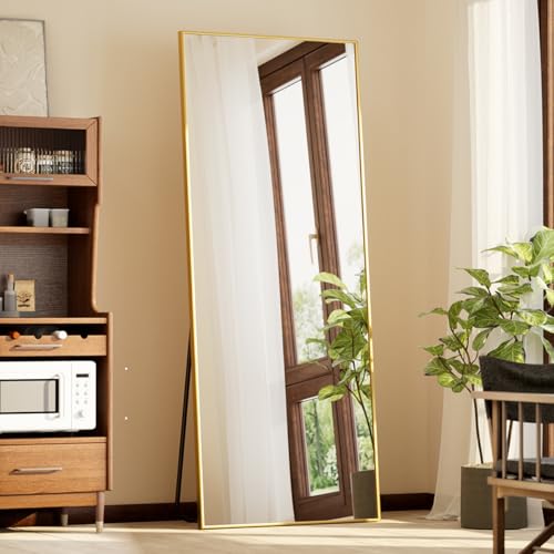 Full Length Floor Mirror with Thin Frame, Shatterproof Tempered Glass, for Living Room, Gold