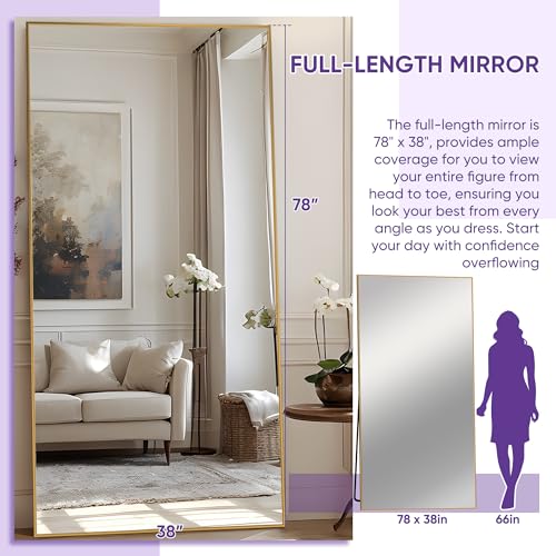 Oversized 78x38 Arched Full Length Mirror with Stand - Freestanding or Wall-Mounted in Gold