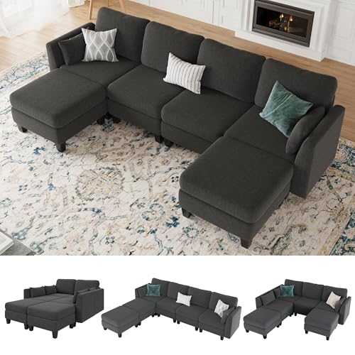 Comfortable U Shaped Modular Sectional Sofa with Memory Foam for Living Room, Dark Grey