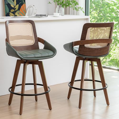 Modern Swivel Rattan Bar Stools with Upholstered Seat - Set of 2 (Walnut Green)
