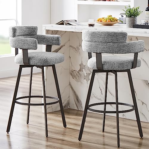 Grey 30 Inch Bar Stools Set of 2 with Full Back and Swivel - Modern Bar Height Stools for Kitchen Island, Dining, and Living Room