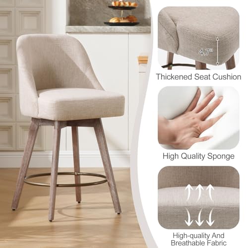 Modern Mid-Century Swivel Barstools Set of 2, Linen Fabric Upholstered, 26 Seat Height - Sand Color (Kitchen Island Counter Stools)