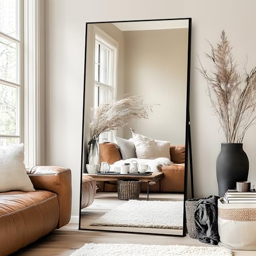 Black Full Length Mirror with Stand - Large Thin Frame