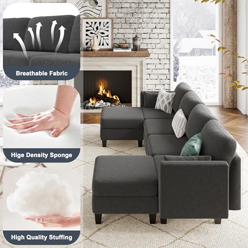 Comfortable U Shaped Modular Sectional Sofa with Memory Foam for Living Room, Dark Grey