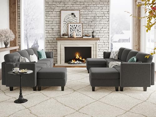 Comfortable U Shaped Modular Sectional Sofa with Memory Foam for Living Room, Dark Grey