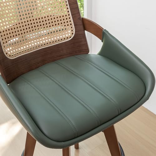 Modern Swivel Rattan Bar Stools with Upholstered Seat - Set of 2 (Walnut Green)