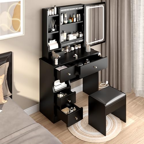 Makeup Vanity Desk with Sliding Mirror, Lights, and Storage for Modern Users.
