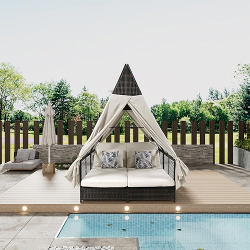 Double Sunbed Daybed with Adjustable Backrest and Seat for Outdoor Use, Beige Color