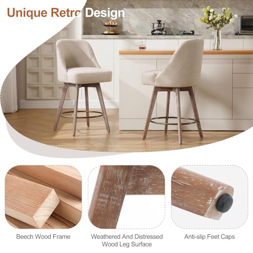 Modern Mid-Century Swivel Barstools Set of 2, Linen Fabric Upholstered, 26 Seat Height - Sand Color (Kitchen Island Counter Stools)