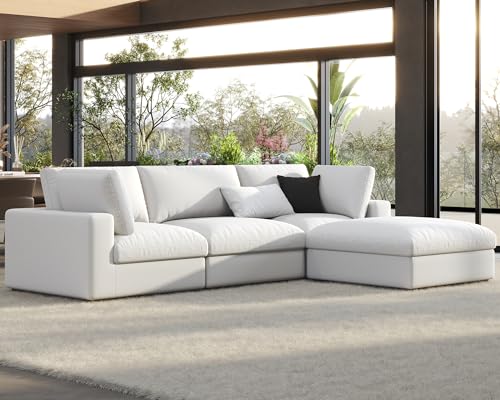 Oversized Down Filled Modular Sectional Sofa, 4 Seats L Shaped Couch with Chaise, Ottoman - Comfy White Linen Couch Set for Living Room