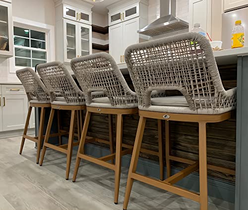 Set of 4 Purple Leaf Woven Rattan Counter Height Bar Stools for Modern Patio Seating