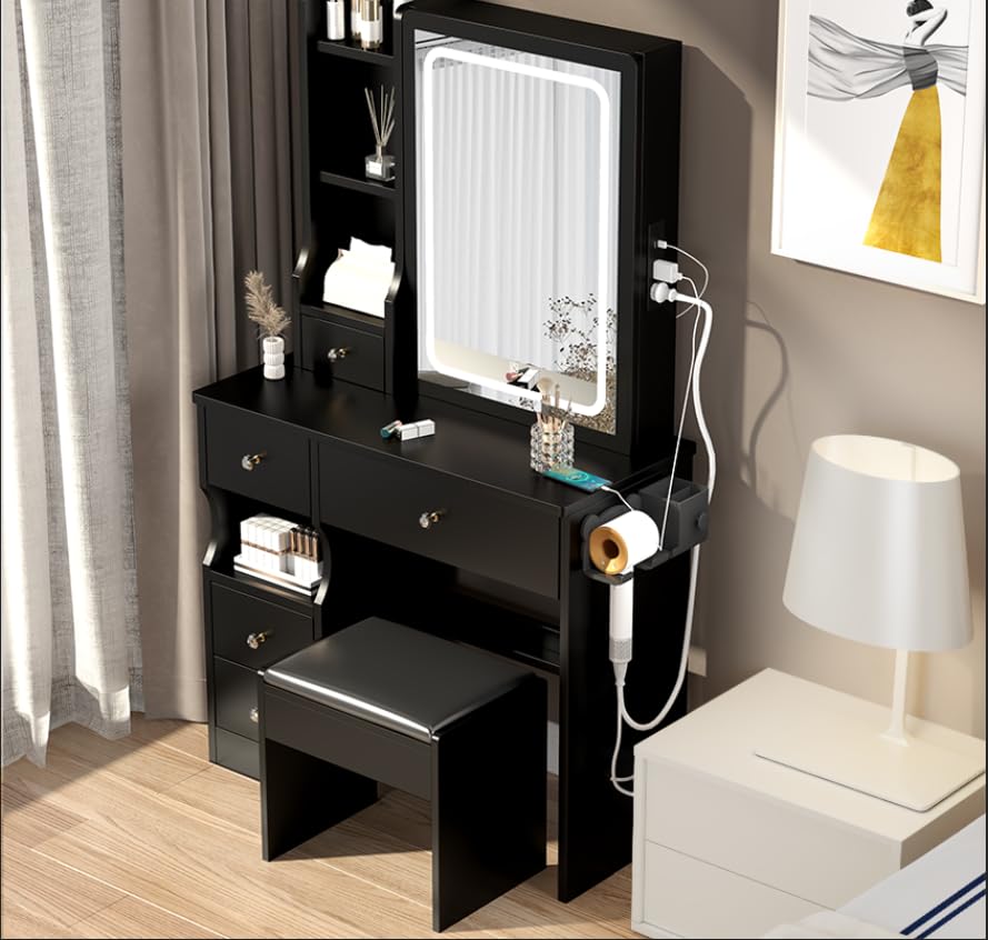 Makeup Vanity Desk with Sliding Mirror, Lights, and Storage for Modern Users.