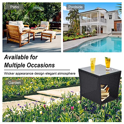 Outdoor Side Coffee Table with Storage Shelf, Rattan and Steel Frame, Patio Furniture Square, Bistro Table for Garden, Porch, and Pool Area (Black)