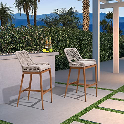 Set of 4 Purple Leaf Woven Rattan Counter Height Bar Stools for Modern Patio Seating