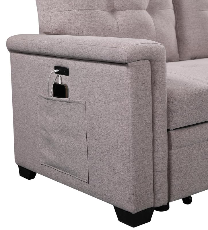 Pink Small Sectional Sofa Bed with Storage Chaise and USB Ports for Living Room or Bedroom